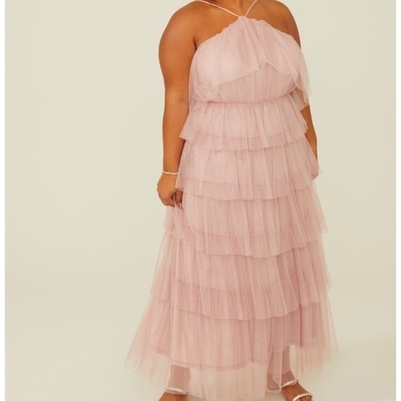 Arula Pink & Silver Speckled Glitter Halted Tulle Tiered Maxi Dress. - Picture 9 of 10